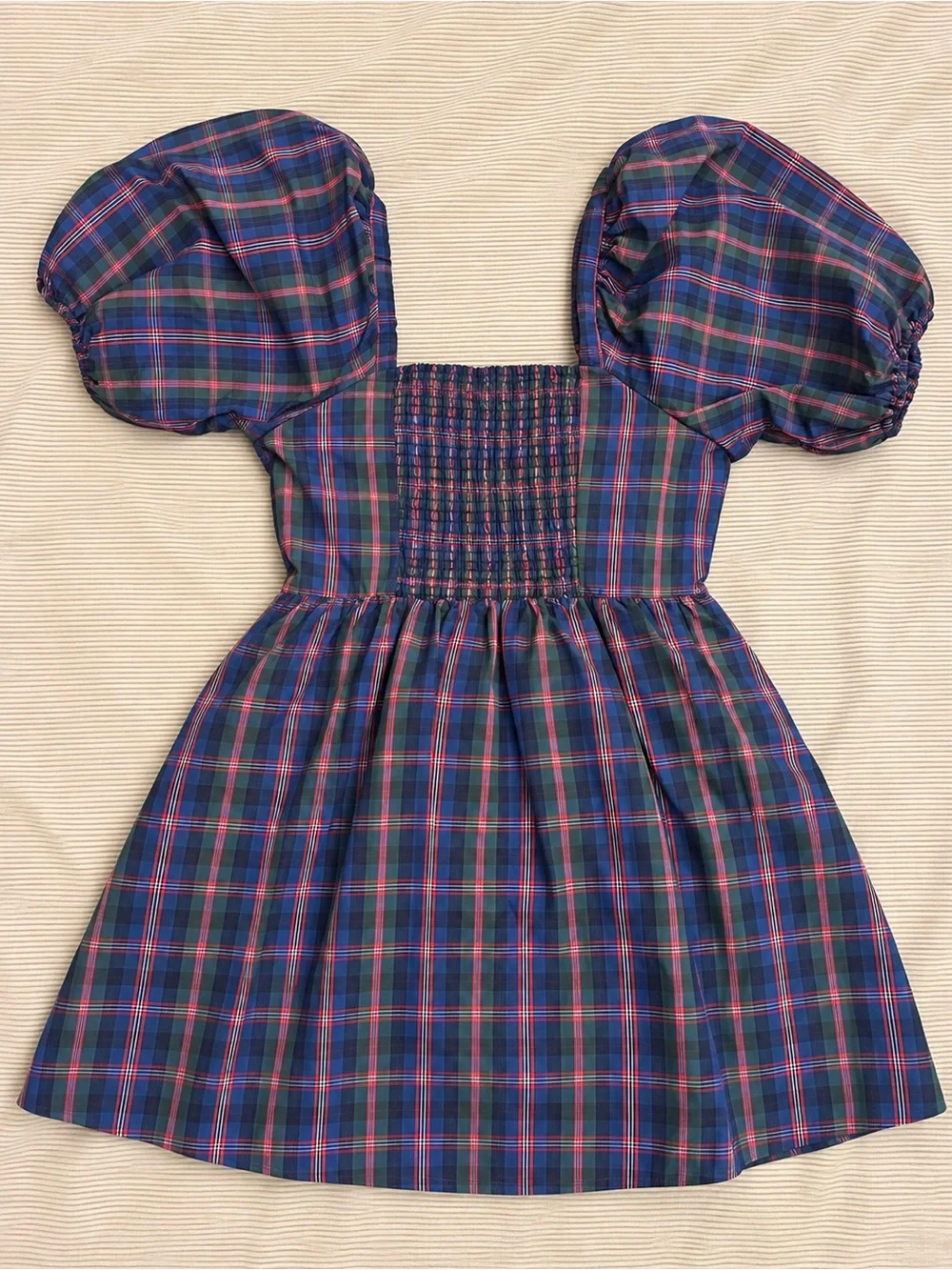 Old Navy L Petite Plaid Puff Sleeve Fit & Flare Mini Dress Tartan